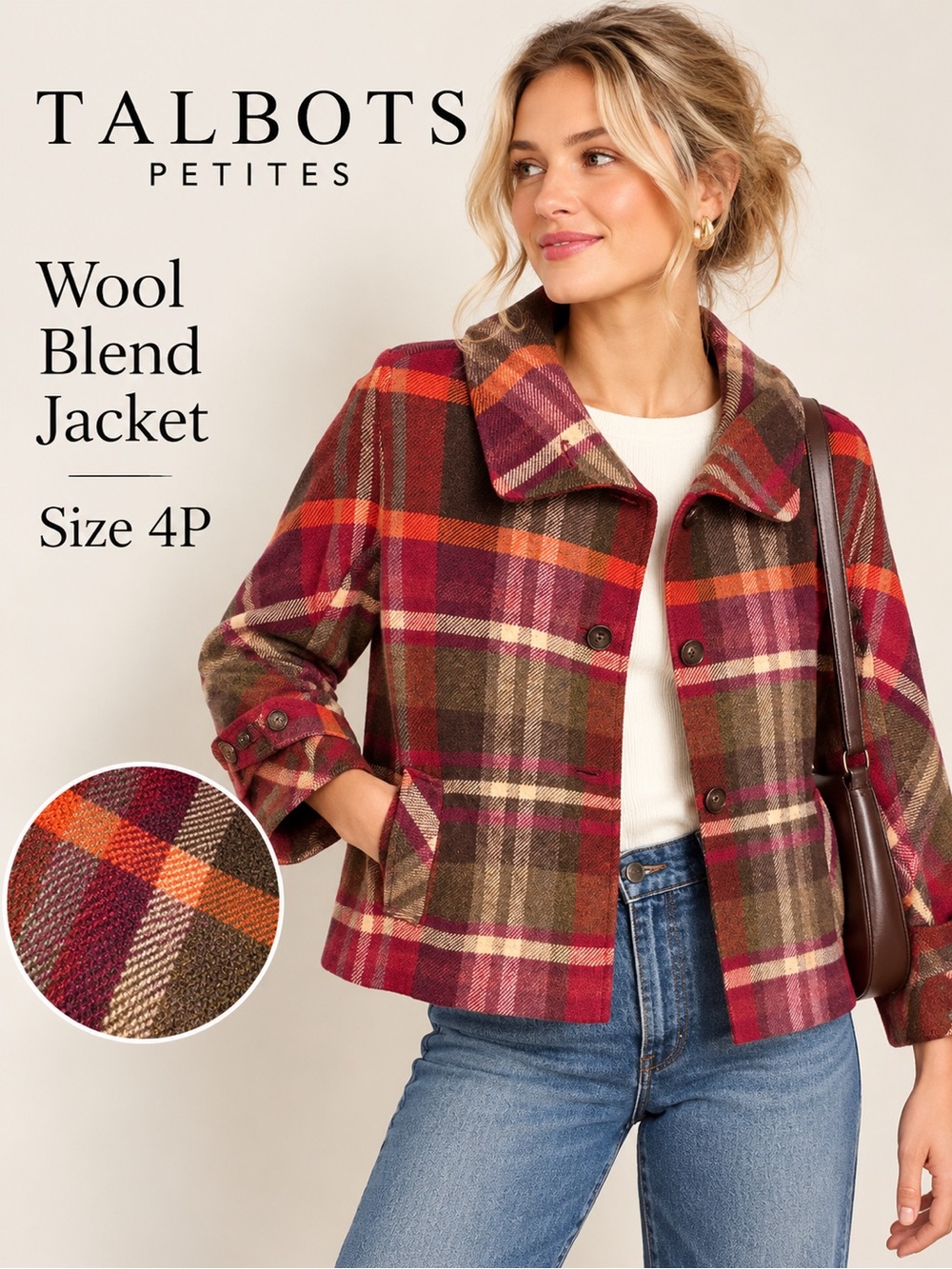 Talbots Petites Plaid Wool Blend Jacket Size 4P Red Brown Orange